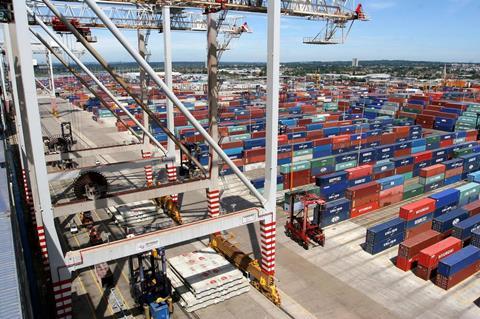 Aerial view of container yard at Southampton port